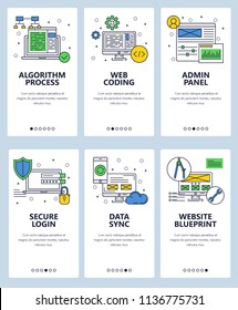 Vector set of mobile app onboarding screens. Algorithm process, Web coding, Admin panel, Secure login, Data sync, Website blueprint web templates and banners. Thin line art style design icons.