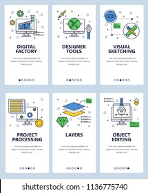 Vector set of mobile app onboarding screens. Digital factory, Designer tools, Visual sketching, Project processing, Layers, Object editing web templates and banners. Thin line art style design icons.
