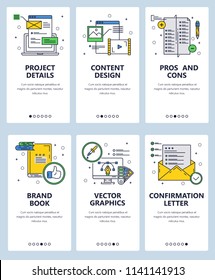 Vektor-Set von mobilen App-Onboarding-Bildschirmen. Projektdetails, Content Design, Pros und Cons, Markenbuch, Vektorgrafiken, Bestätigungsschreiben, Webvorlagen, Banner. Designsymbole im Stil von Thin Line Art.