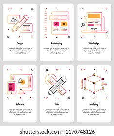 Vector set of mobile app onboarding screens. Design, Prototyping, Web Design, Software, Tools, Modeling web templates and banners. Thin line art style design icons for website menu.