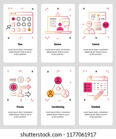 Conjunto de vectores de pantallas de conexión de aplicaciones móviles. Planear, revisar, controlar, procesar, coordinar, programar plantillas web y banners. Iconos de diseño de estilo artístico en línea delgada para el menú del sitio web.