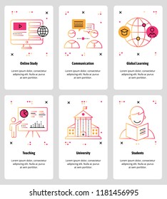 Vector set of mobile app onboarding screens. Online Study, Communication, Global Learning, Teaching, University, Students web templates and banners. Thin line art style design icons for website menu.