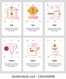 Vector set of mobile app onboarding screens. Bank, Coins, Wallet, Diamond, Contract, Funding web templates and banners. Thin line art style design icons for website menu.