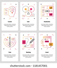 Vector set of mobile app onboarding screens. Creative, Color, Visualization, Paint, Sketching, Brand web templates and banners. Thin line art style design icons for website menu.