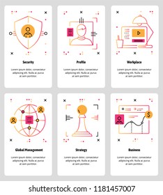 Vector set of mobile app onboarding screens. Security, Profile, Workplace, Global Management, Strategy, Business web templates and banners. Thin line art style design icons for website menu.