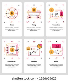 Vector set of mobile app onboarding screens. Bitcoin, Mining, Transactions, Cryptocurrency, Analytics, Wallet web templates and banners. Thin line art style design icons for website menu.