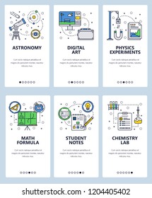 Vector set of mobile app onboarding screens. Astronomy, Digital art, Physics experiments, Math formula, Student notes, Chemistry lab web templates, banners. Thin line art flat icons for website menu.