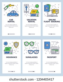 Vector Set Of Mobile App Onboarding Screens. Car Rental, Vacation Rental, Online Flight Booking, Insurance, Sunglasses, Passport Web Templates, Banners. Thin Line Art Flat Icons For Website Menu.