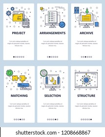 Vector set of mobile app onboarding screens. Project, Arrangements, Archive, Matching, Selection, Structure web templates and banners. Thin line art flat icons for website menu.