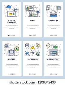 Vector set of mobile app onboarding screens. Cloud storage, HDMI, Shredder, Profit, Secretary, Checkpoint web templates, banners. Thin line art flat icons for website menu.