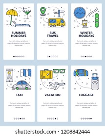 Vector set of mobile app onboarding screens. Summer holidays, Bus travel, Winter holidays, Taxi, Vacation, Luggage web templates and banners. Thin line art flat icons for website menu.