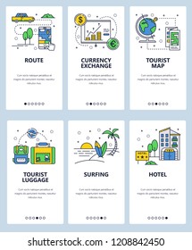 Vector set of mobile app onboarding screens. Route, Currency exchange, Tourist map and luggage, Surfing, Hotel web templates and banners. Thin line art flat icons for website menu.
