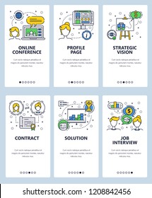 Vector set of mobile app onboarding screens. Online conference, Profile page, Strategic vision, Contract, Solution, Job interview web templates and banners. Thin line art flat icons for website menu.