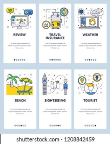 Vector set of mobile app onboarding screens. Review, Travel insurance, Weather, Beach, Sightseeing, Tourist web templates and banners. Thin line art flat icons for website menu.