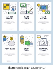 Vector set of mobile app onboarding screens. Safe box deposit, Bank check, Cash machine, Piggy bank, Credit cards, Financial report web templates, banners. Thin line art flat icons for website menu.