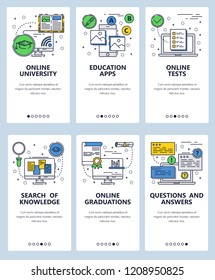 Vector set of mobile app onboarding screens. Online university, education apps, Online tests and graduations, Search of knowledge, Questions and answers web templates, banners. Thin line flat icons.