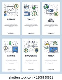 Vector set of mobile app onboarding screens. Bitcoin, Wallet, ICO token, Altcoin, Blockchain, Miner web templates, banners. Thin line art flat icons for website menu.
