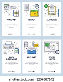 Vector set of mobile app onboarding screens. Notepad, Folder, Clipboard, Copy document, Archives, Sticky notes web templates and banners. Thin line art flat icons for website menu.