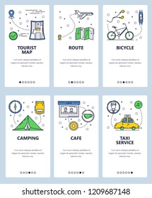 Vector set of mobile app onboarding screens. Tourist map, Route, Bicycle, Camping, Cafe, Taxi service web templates and banners. Thin line art flat icons for website menu.
