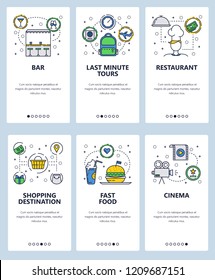 Vector set of mobile app onboarding screens. Bar, Last minute tours, Restaurant, Shopping destination, Fast food, Cinema web templates, banners. Thin line art flat icons for website menu.