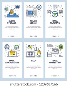 Vector set of mobile app onboarding screens. Cloud storage, Touch screen, Data filtering, Data management, Help, Data protection web templates, banners. Thin line art flat icons for website menu.