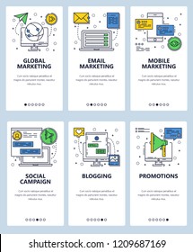 Vector set of mobile app onboarding screens. Global email and mobile marketing, Social campaign, Blogging, Promotions web templates, banners. Thin line art flat icons for website menu.
