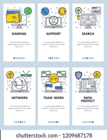 Vector set of mobile app onboarding screens. Sharing, Support, Search, Network, Team work, Data protect web templates and banners. Thin line art flat icons for website menu.