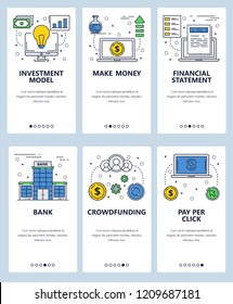 Vector set of mobile app onboarding screens. Investment model, Make money, Financial statement, Bank, Crowdfunding, Pay per click web templates, banners. Thin line art flat icons for website menu.