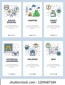 Vector set of mobile app onboarding screens. Online booking, Camping, Credit card, Historical landmarks, Railroad, Map web templates, banners. Thin line art flat icons for website menu.