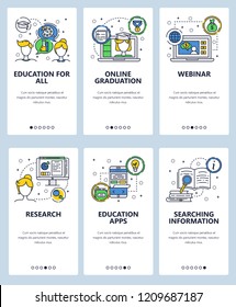 Vector set of mobile app onboarding screens. Education for all, Online graduation, Webinar, Research, Education apps, Searching information web templates banners. Thin line art flat icons for web menu