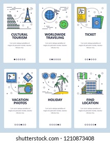 Vector set of mobile app onboarding screens. Cultural tourism, Worldwide traveling, Ticket, Vacation photos, Holiday, Find location web templates, banners. Thin line art flat icons for website menu.