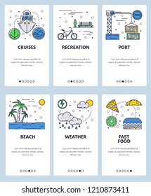 Vector set of mobile app onboarding screens. Cruises, Recreation, Port, Beach, Weather, Fast food web templates, banners. Thin line art flat icons for website menu.