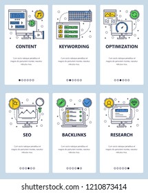 Vector set of mobile app onboarding screens. Content, Keywording, Optimization, SEO, Backlinks, Research web templates, banners. Thin line art flat icons for website menu.