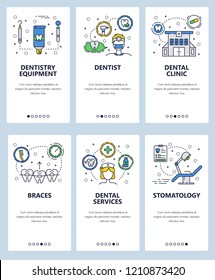 Vector set of mobile app onboarding screens. Dentistry equipment, Dentist, Dental clinic, Braces, Dental services, Stomatology web templates, banners. Thin line art flat icons for website menu.