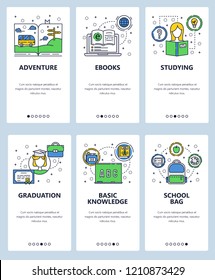 Vector set of mobile app onboarding screens. Adventure, Ebooks, Studying, Graduation, Basic knowledge, School bag web templates and banners. Thin line art flat icons for website menu.