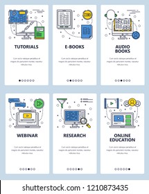 Vector set of mobile app onboarding screens. Tutorials, E-books, Audio books, Webinar, Research, Online education web templates and banners. Thin line art flat icons for website menu.