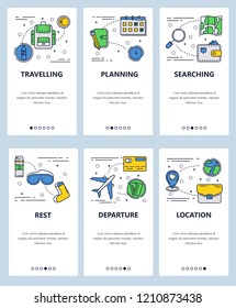 Vector set of mobile app onboarding screens. Travelling, Planning, Searching, Rest, Departure, Location web templates and banners. Thin line art flat icons for website menu.