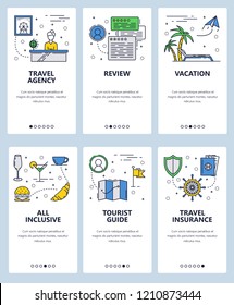 Vector set of mobile app onboarding screens. Travel agency, Review, Vacation, All inclusive, Tourist guide, Travel insurance web templates and banners. Thin line art flat icons for website menu.
