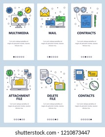 Vector set of mobile app onboarding screens. Multimedia, Mail, Contracts, Attachment file, Delete file, Contacts web templates and banners. Thin line art flat icons for website menu.