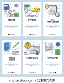 Vector set of mobile app onboarding screens. Report, Invoice, File protection, Paper work, Certificate, Newspaper web templates and banners. Thin line art flat icons for website menu.