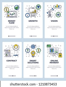 Vector set of mobile app onboarding screens. Money flow, Growth, Vision, Contract, Smart solutions, Online payment web templates, banners. Thin line art flat icons for website menu.