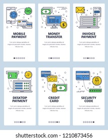 Vector set of mobile app onboarding screens. Mobile payment, Money transfer, Invoice and desktop payment, Credit card, Security code, web templates, banners. Thin line art flat icons for website menu.