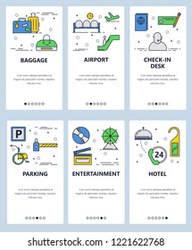 Vector set of mobile app onboarding screens. Baggage, Airport, Check-in desk, Parking, Entertainment, Hotel web templates and banners. Thin line art flat icons for website menu.