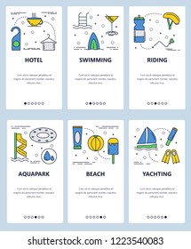 Vector set of mobile app onboarding screens. Hotel, Swimming, Riding, Aquapark, Beach, Yachting web templates and banners. Thin line art flat icons for website menu.