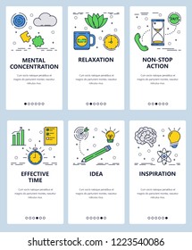 Vector set of mobile app onboarding screens. Mental concentration, Relaxation, Non-stop action, Effective time, Idea, Inspiration web templates, banners. Thin line art flat icons for website menu.