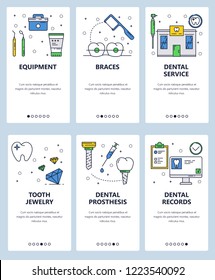 Vector set of mobile app onboarding screens. Equipment, Braces, Dental service, Tooth jewelry, Dental prosthesis and records web templates and banners. Thin line art flat icons for website menu.