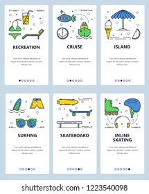 Vector set of mobile app onboarding screens. Recreation, Cruise, Island, Surfing, Skateboard, Inline skating web templates and banners. Thin line art flat icons for website menu.