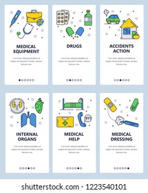 Vector set of mobile app onboarding screens. Medical equipment and dressing, Drugs, Accidents action, Internal organs, Medical help web templates, banners. Thin line art flat icons for website menu.