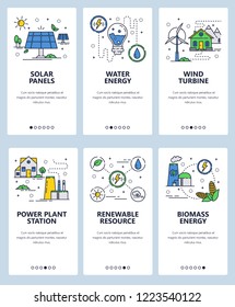 Vector set of mobile app onboarding screens. Solar panels, Water and biomass energy, Wind turbine, Power plant station, Renewable resource web templates and banners. Thin line art flat icons for web.