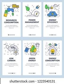 Vector Set Of Mobile App Onboarding Screens. Resources Consumption, Power Management, Energy Efficiency, Low Carbon, Green Energy Web Templates And Banners. Thin Line Art Flat Icons For Website Menu.